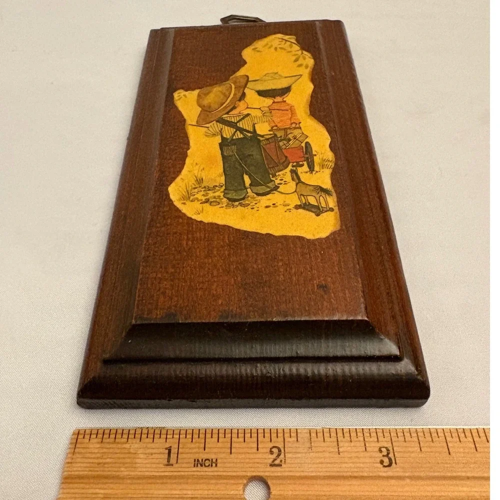 1970s Vintage Wood Wall Art Plaque Two Kids With Dog Country Scene Hanging Decor